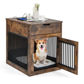 2-In-1 Dog House with Drawer and Wired Wireless Charging (Color: Rustic Brown)