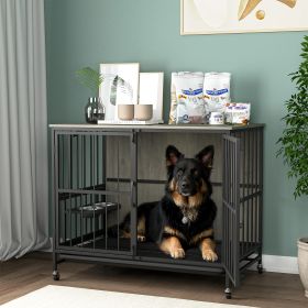 Modern Kennel Dogs room up to 80 LB, Dog crate furniture with Multi-Purpose Removable Tray, Double-Door Dog House, lift Panel (Color: Antique Gray)